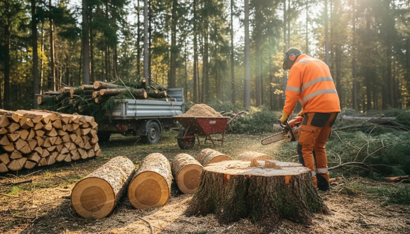 Et færdigfældet fyrretræ med stub, skårne stammer og en person set bagfra ved motorsav, klar til bortskaffelse.