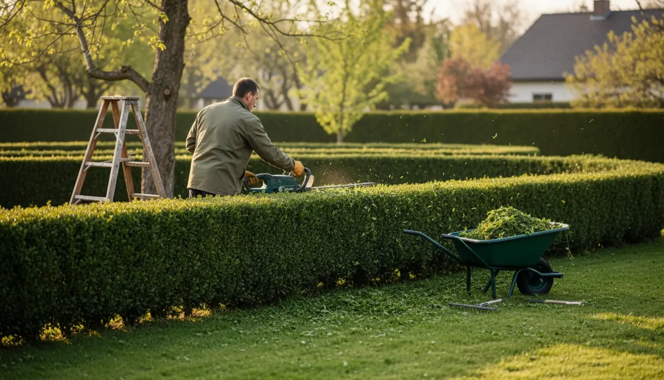 Hæk bliver klippet i en villahave med en person set bagfra og klippeaffald i en trillebør.