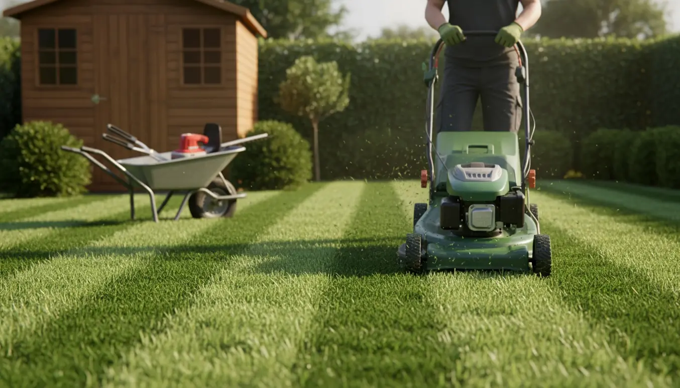 En person klipper en middelstor baghaveplæne med en plæneklipper, nyslået stribet græs og haveredskaber i baggrunden.