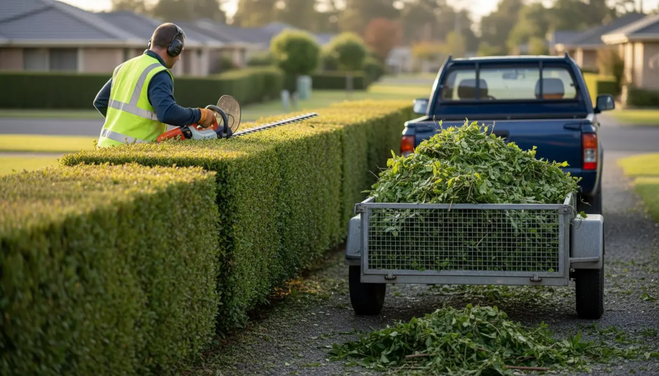 En person klipper en lang hæk med en hækklipper, og afklip fyldes i en trailer.