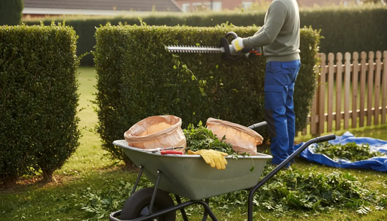 En person klipper en hæk, mens friske afklip samles i en trillebør.
