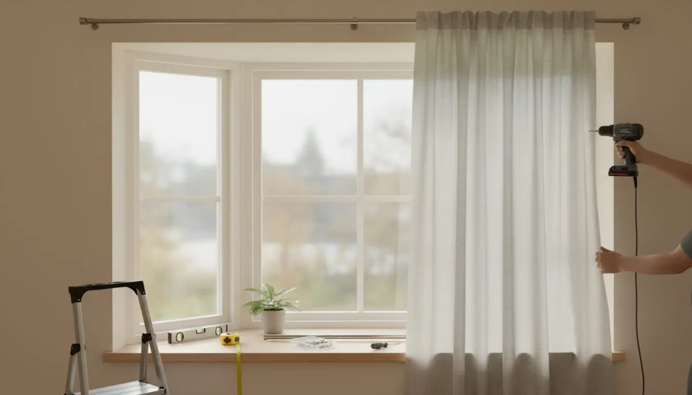 Hænder opsætter gardinstang og hænger lyse linnedgardiner i en karnap med værktøj på vindueskarmen.