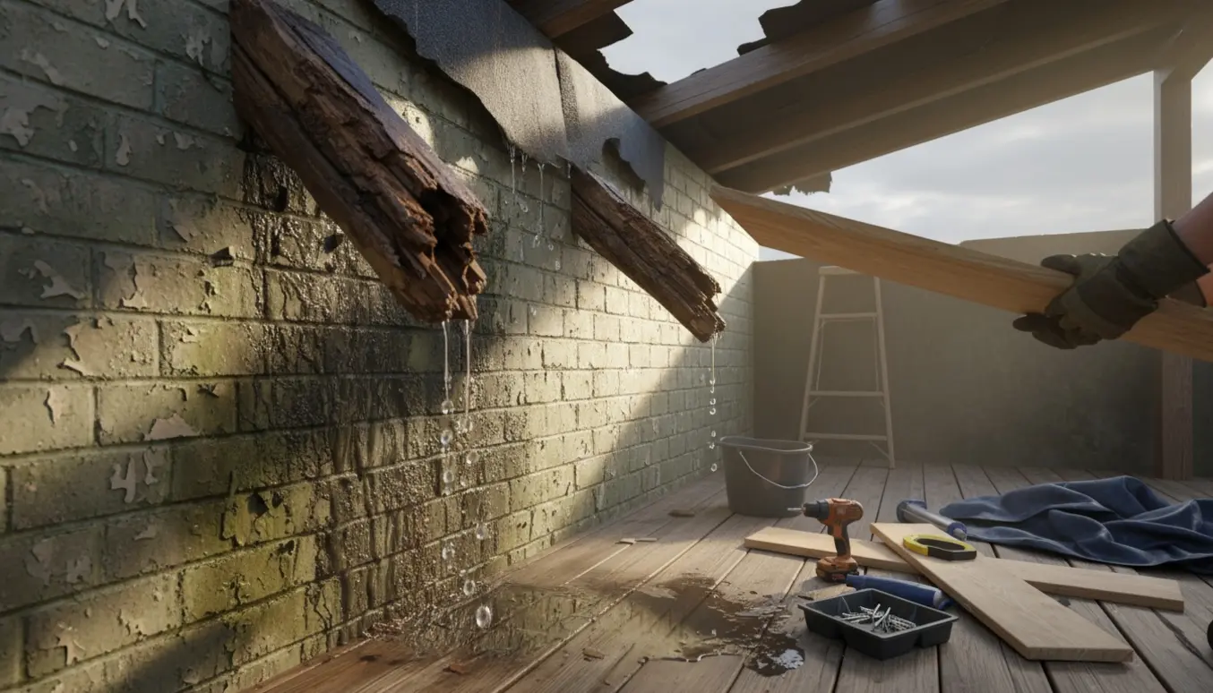 Utæt tag på en overdækket terrasse med vandstriber ned ad muren, rådne bjælker og manglende tagplader.