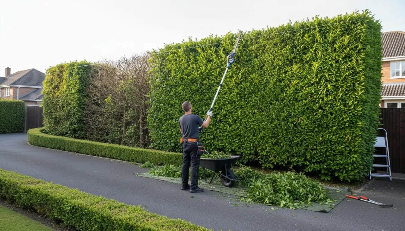 Hække i indkørsel og have bliver klippet og tilrettet med teleskopstang og samlet klippeaffald i pæne bunker.