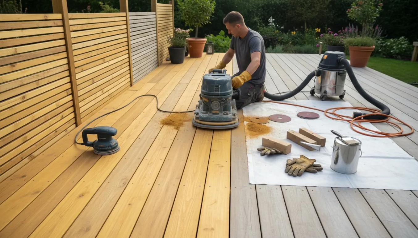 Slibning af Garapa træterrasse og delvist slebet listehegn i varmt, naturligt lys.