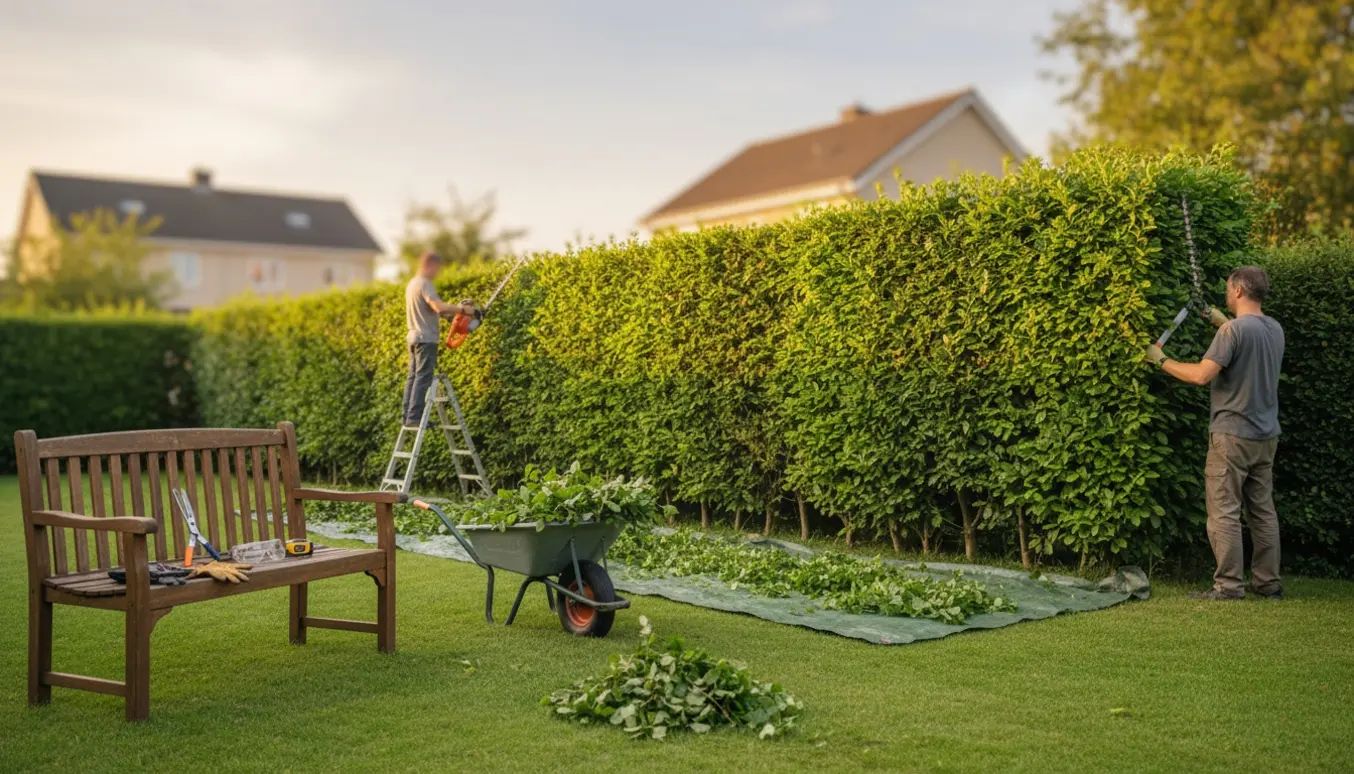 En person klipper en lang bøgehæk (ca. 1,75 m høj) med motorhækkeklipper, mens friske afklip samles i en trillebør.