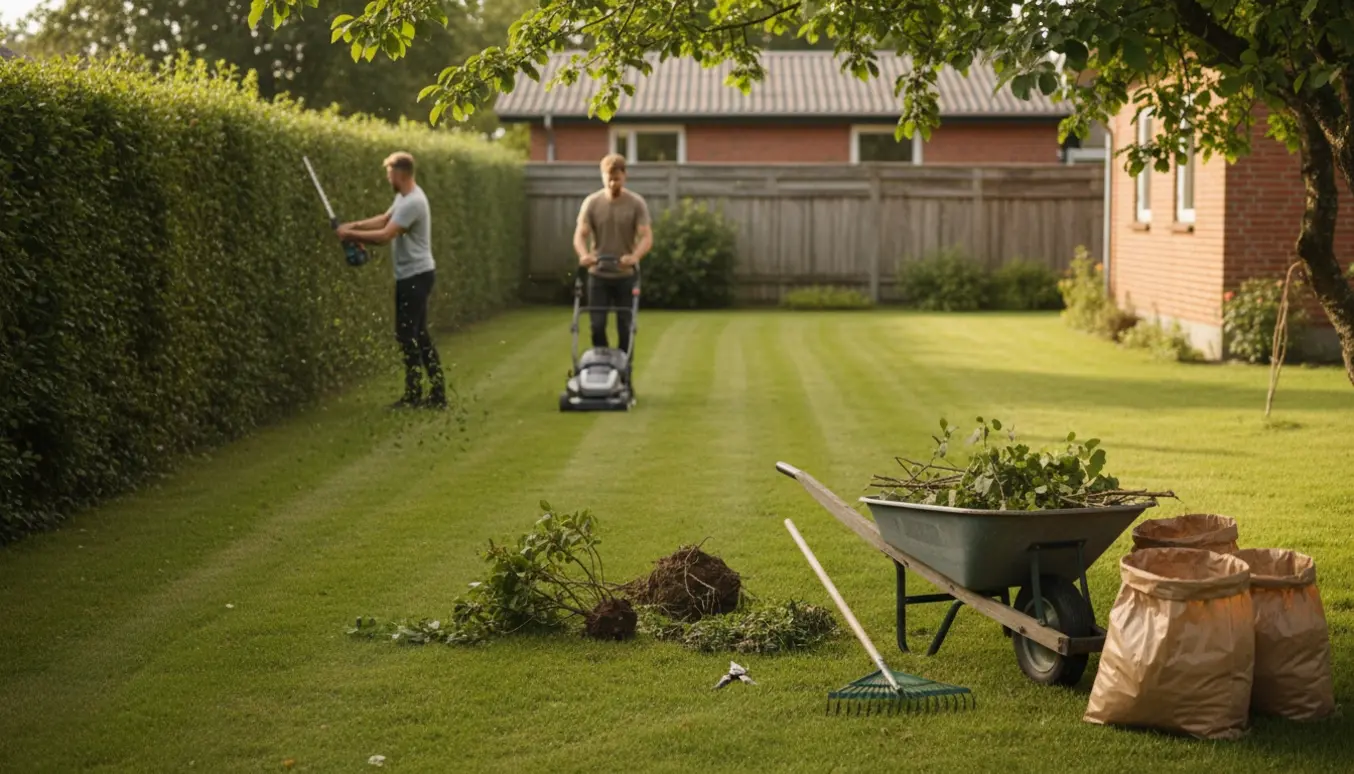 Person slår græs og klipper en tæt hæk i en dansk forstadshave med redskaber og afklip.