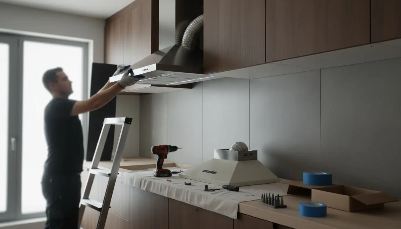 Montering af ny emhætte i køkken, gammel emhætte fjernet og værktøj på bordet.