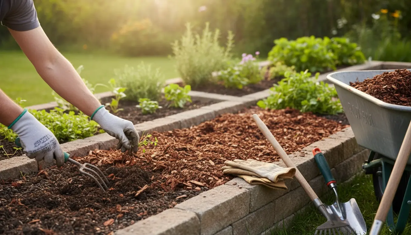 Hænder i handsker fjerner ukrudt og fylder barkflis i små bede i en solrig baghave.