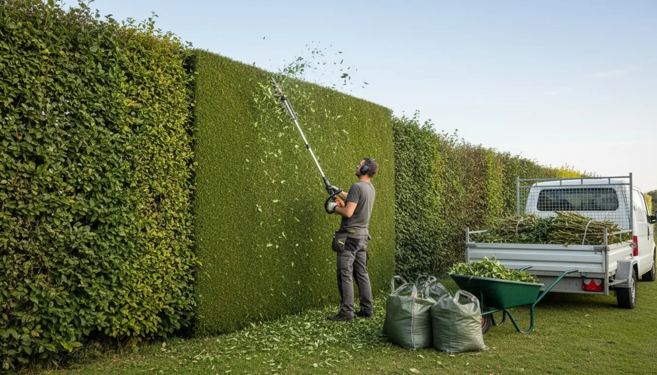 En anlægsgartner klipper én side af en ca. 3 m høj og lang hæk, med afklip samlet i trillebør og grønne sække klar til bortkørsel.