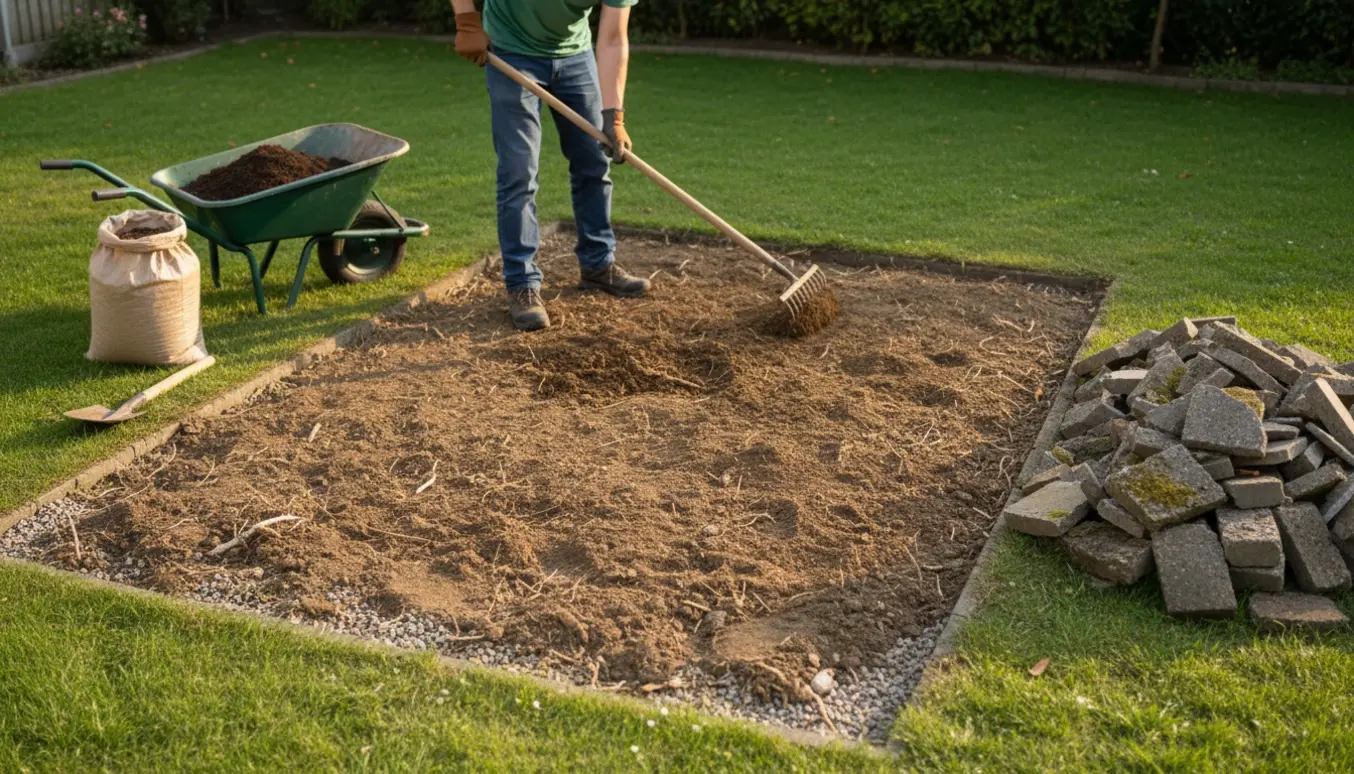 Forberedelse af jord og fjernelse af sten på et cirka 15 m² areal klar til at så græs.