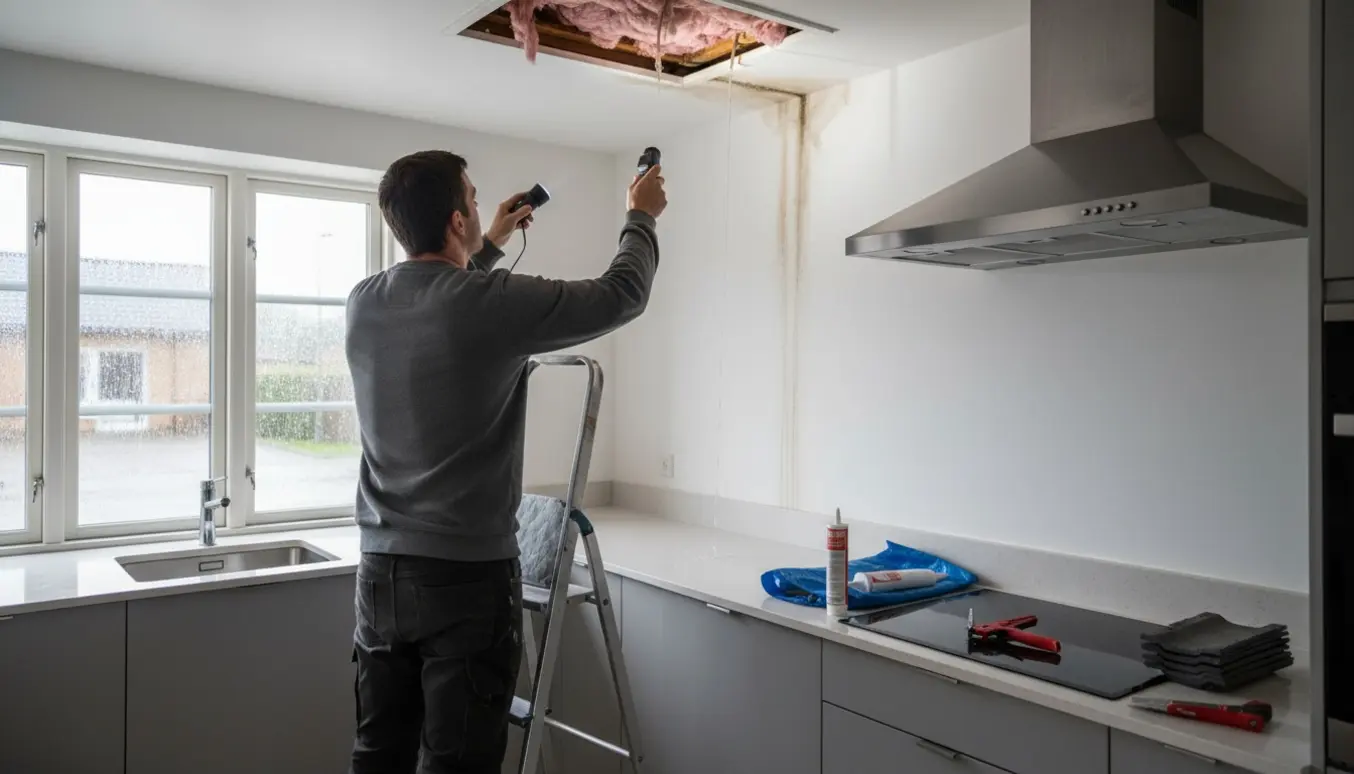 Håndværker undersøger vandskade ved emhætten i et nyrenoveret køkken i et ældre rækkehus.