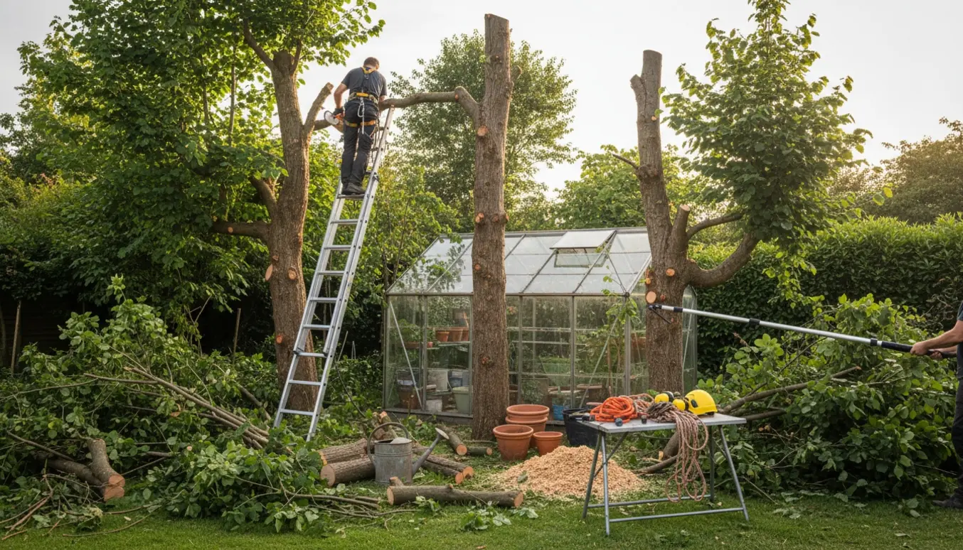 Tre hasselnøddetræer er kraftigt beskåret i en have med stige, savede grene og et drivhus i baggrunden.