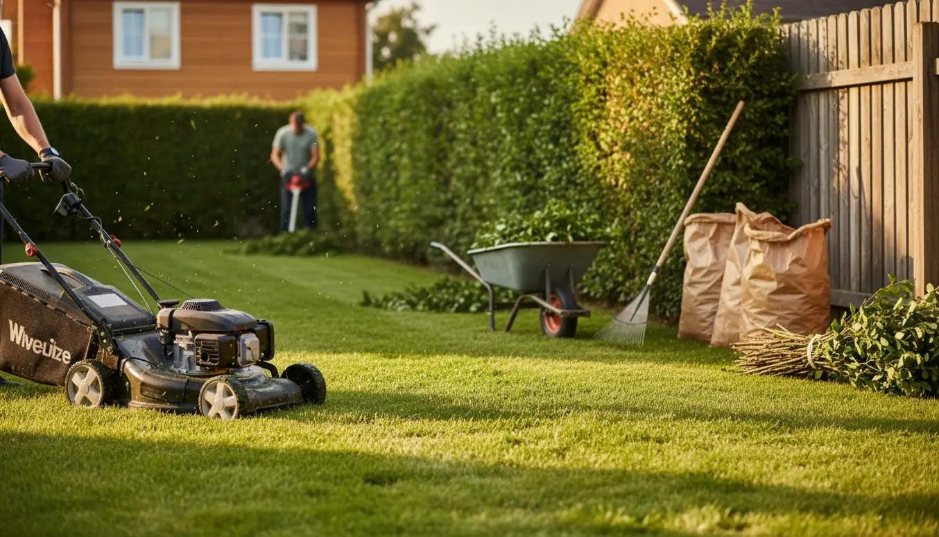 Plæne slået med plæneklipper og hækkeklipning med afklip i trillebør klar til bortskaffelse.