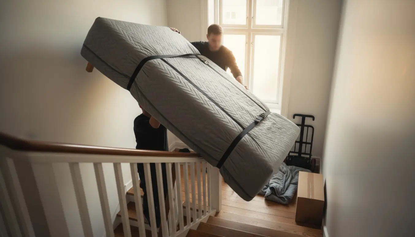 Flyttefolk bærer en smal dobbeltseng op ad en lys trappeopgang i en dansk lejlighed.