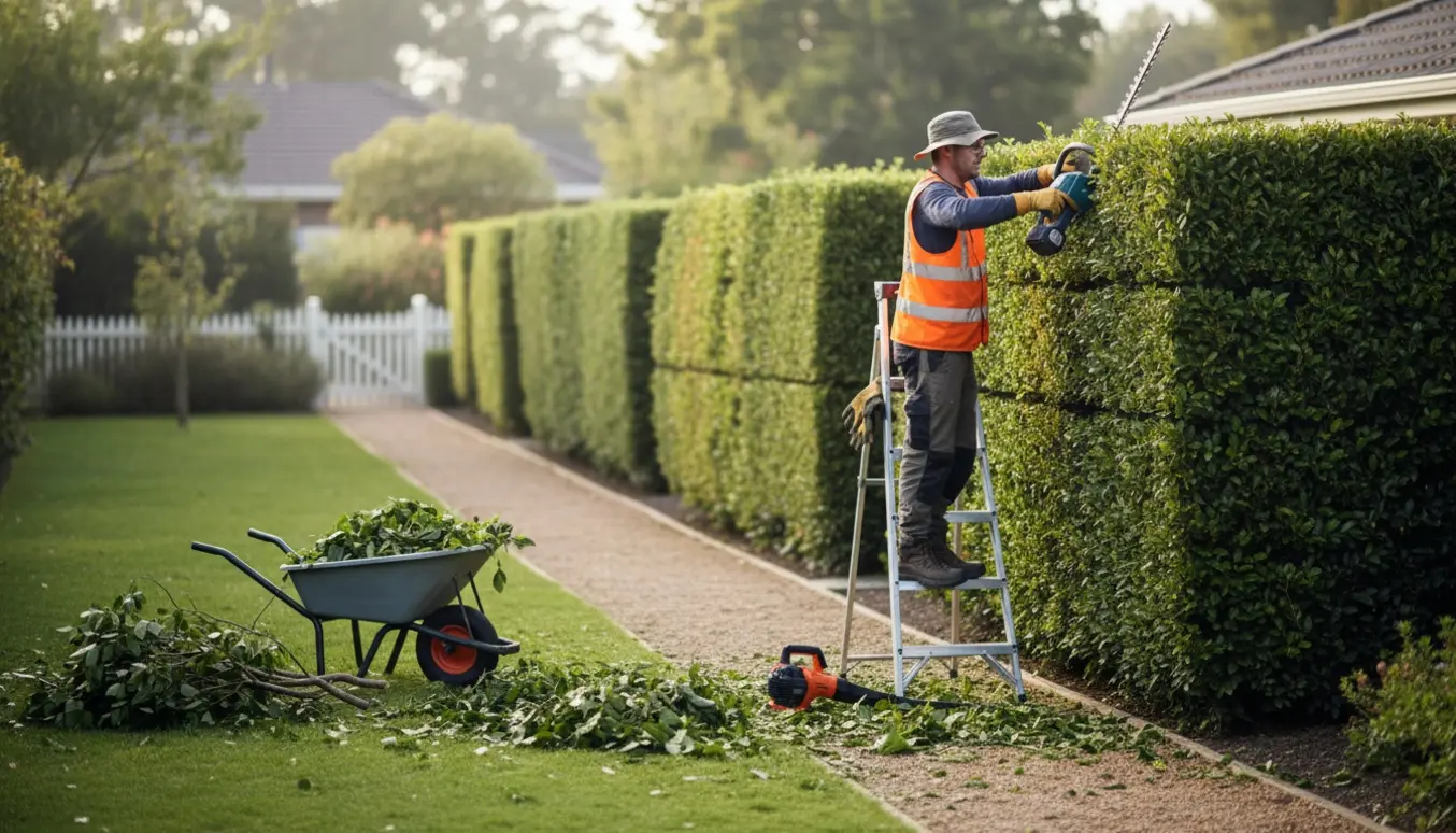 En havearbejder set bagfra trimmer en lang hæk med en hækkeklipper, mens nyklippede grene ligger i en trillebør.