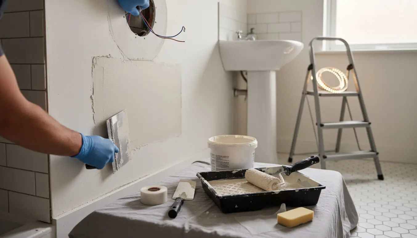Nærbillede af reparation og maling af badeværelsesvæg med spartel, rulle og synlige LED-ledninger.