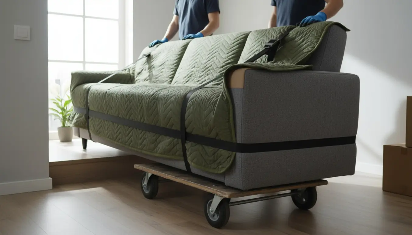 En trepersoners sovesofa (FRIHETEN‑stil) pakket i flyttetæpper på en dolly, flyttes ud af en lejlighed af to personer uden synlige ansigter.