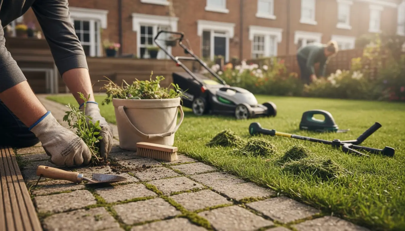 Nærbillede af græsslåning og fjernelse af ukrudt i en lille rækkehushave med terrasse.
