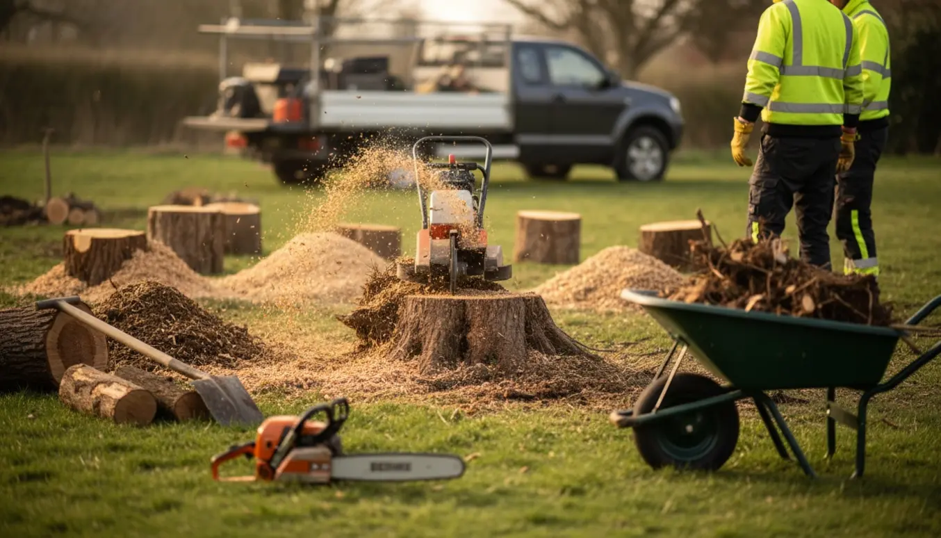En stumpgrinder fjerner en træstub i en solrig have omringet af flis, rødder og værktøj.