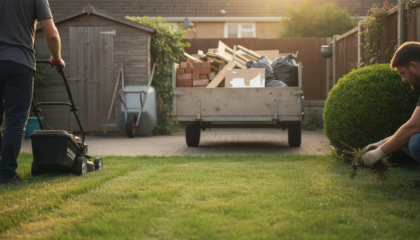 Lille have hvor græs slås og ukrudt fjernes, med en trailer fyldt med byggeaffald klar til bortkørsel.