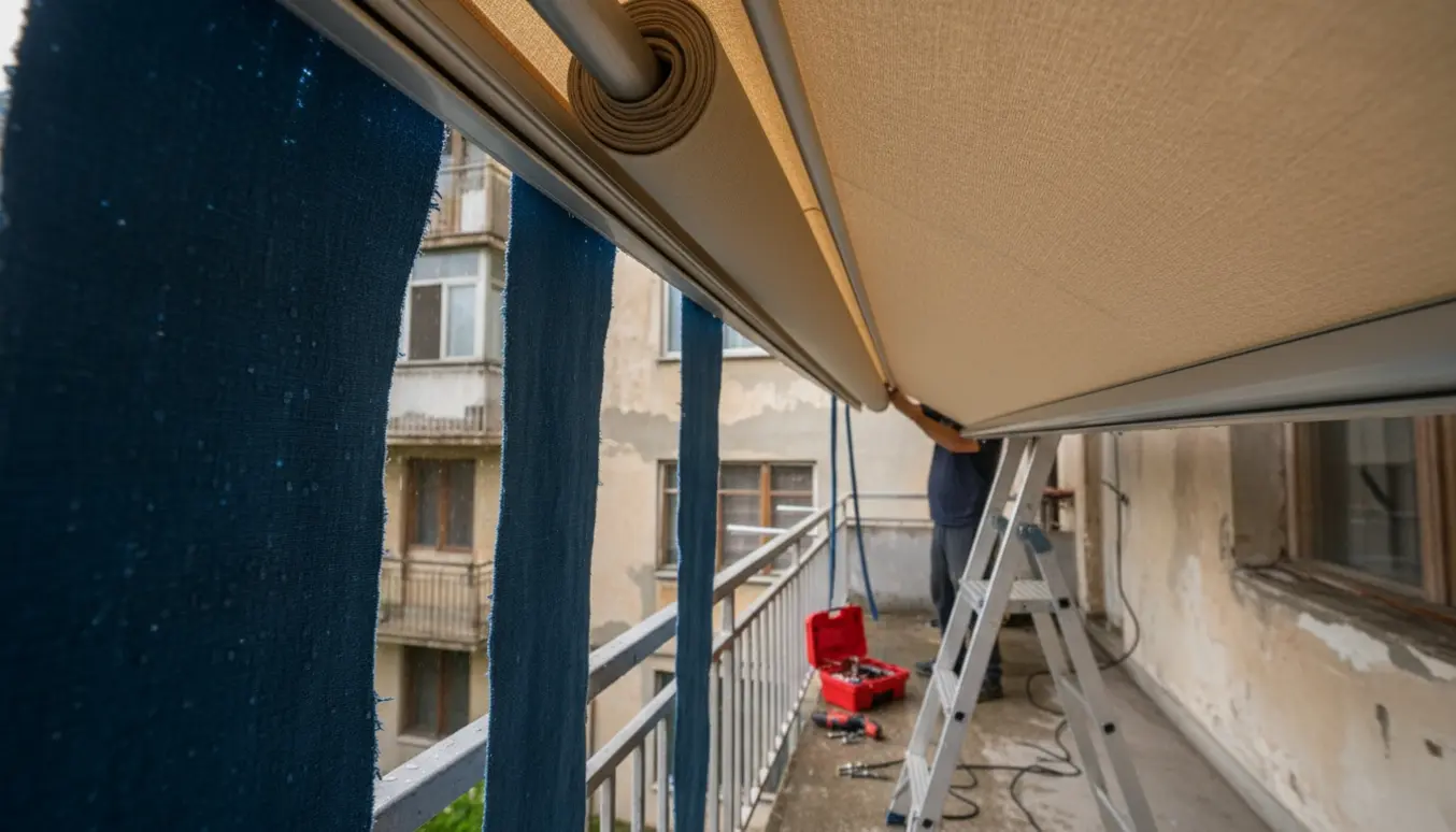 Tekniker udskifter en revnet markisedug på første sal, med nye dugruller og værktøj klar.