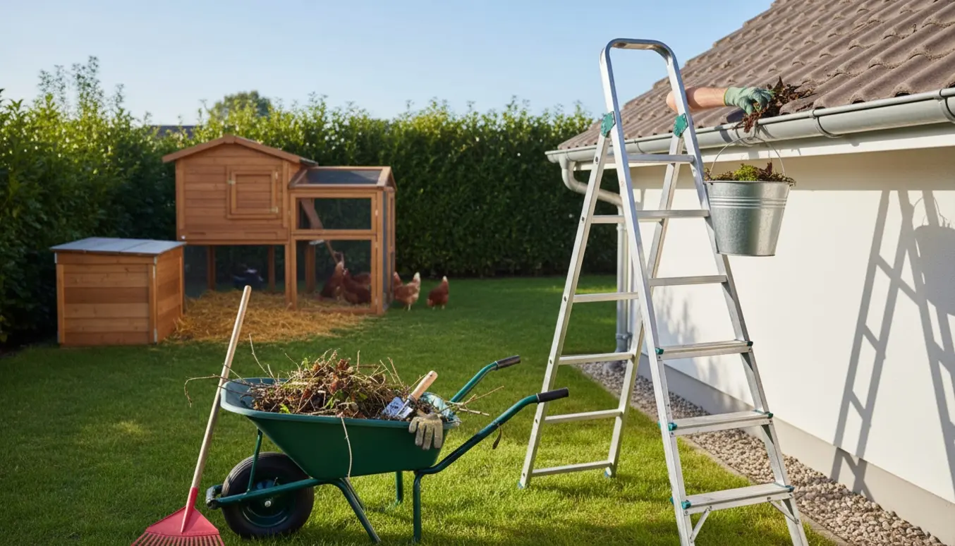 En person på en stige renser tagrenden, mens haveredskaber og høns ses i haven.