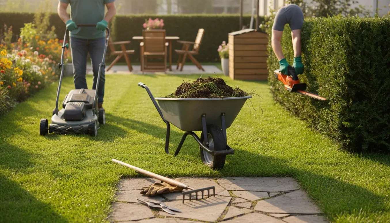 Havearbejde med hækkeklipning, græsslåning og fjernelse af ukrudt i en privat baghave.