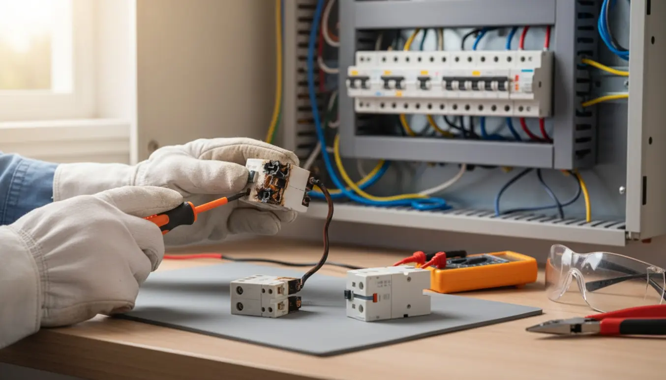 Hænder i handsker udskifter en forkullet automatsikring i en boligfordelingstavle med en ny sikring og et multimeter i baggrunden.
