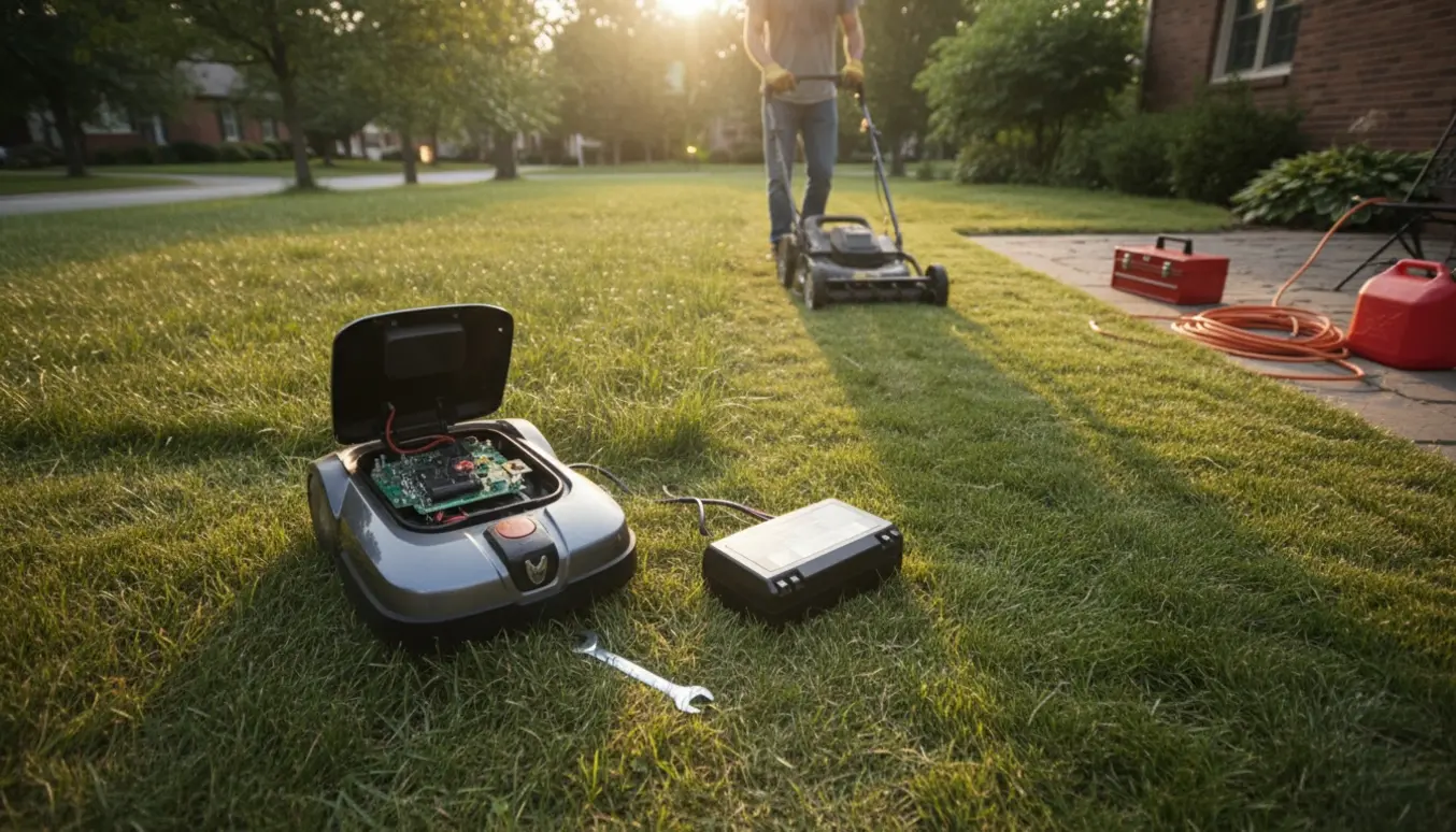 En person slår græsset med en skubbet plæneklipper, mens en defekt robotplæneklipper og værktøj ligger ved siden af.