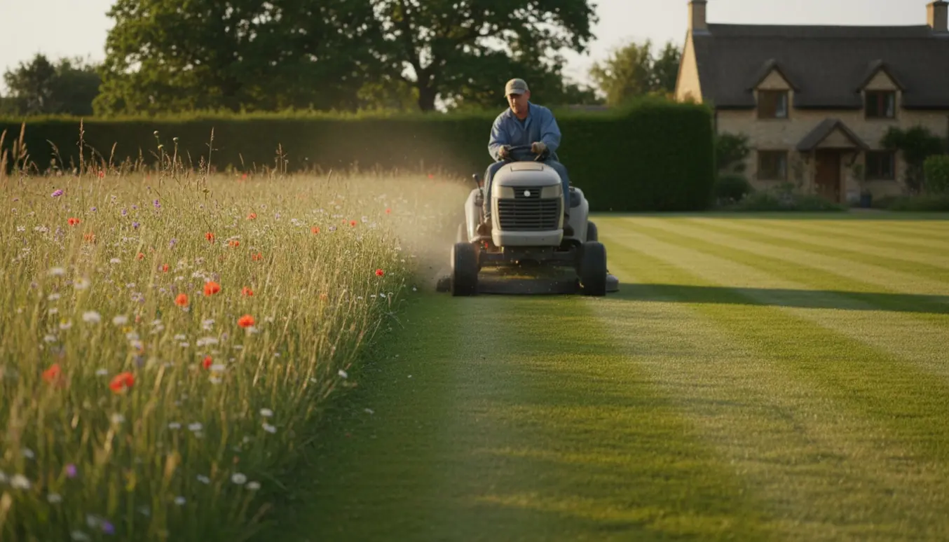 Havetraktor klipper højt græs i en stor have, hvor halvdelen af plænen er nyklippet.