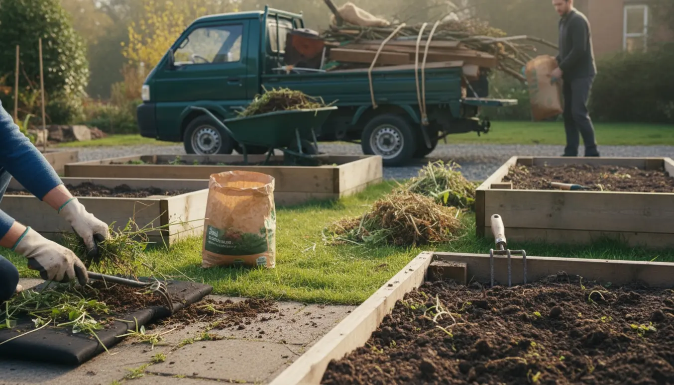 Haveejer luger ukrudt, renser højbede og læsser en gammel grill og haveaffald på en trailer.