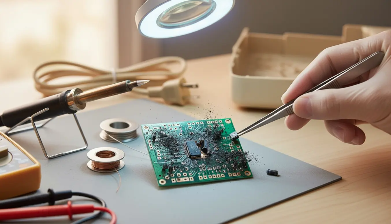 Nærbillede af en brændt printplade fra en køkkenmaskine på et værksted med lodde- og måleværktøj omkring.