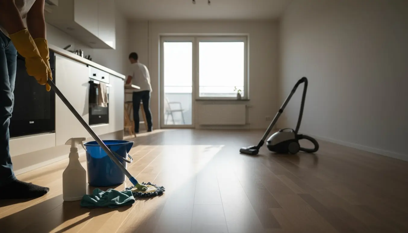 Hænder i gummihandsker gør rent i en lys, ryddelig lejlighed med moppe og rengøringsmidler.