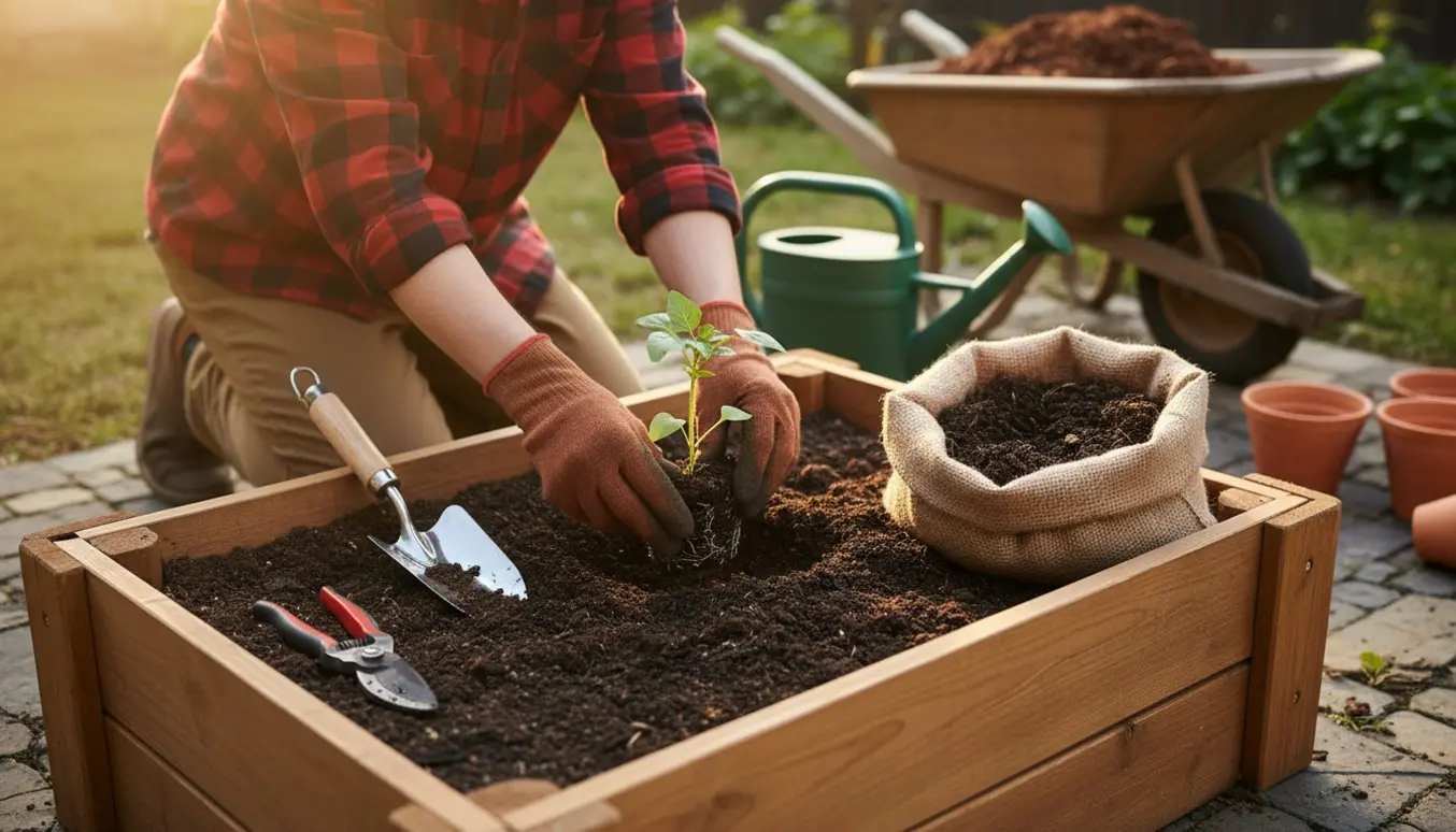 Nærbillede af hænder, der planter en lille plante i en velplejet have med haveredskaber og trillebør i baggrunden.