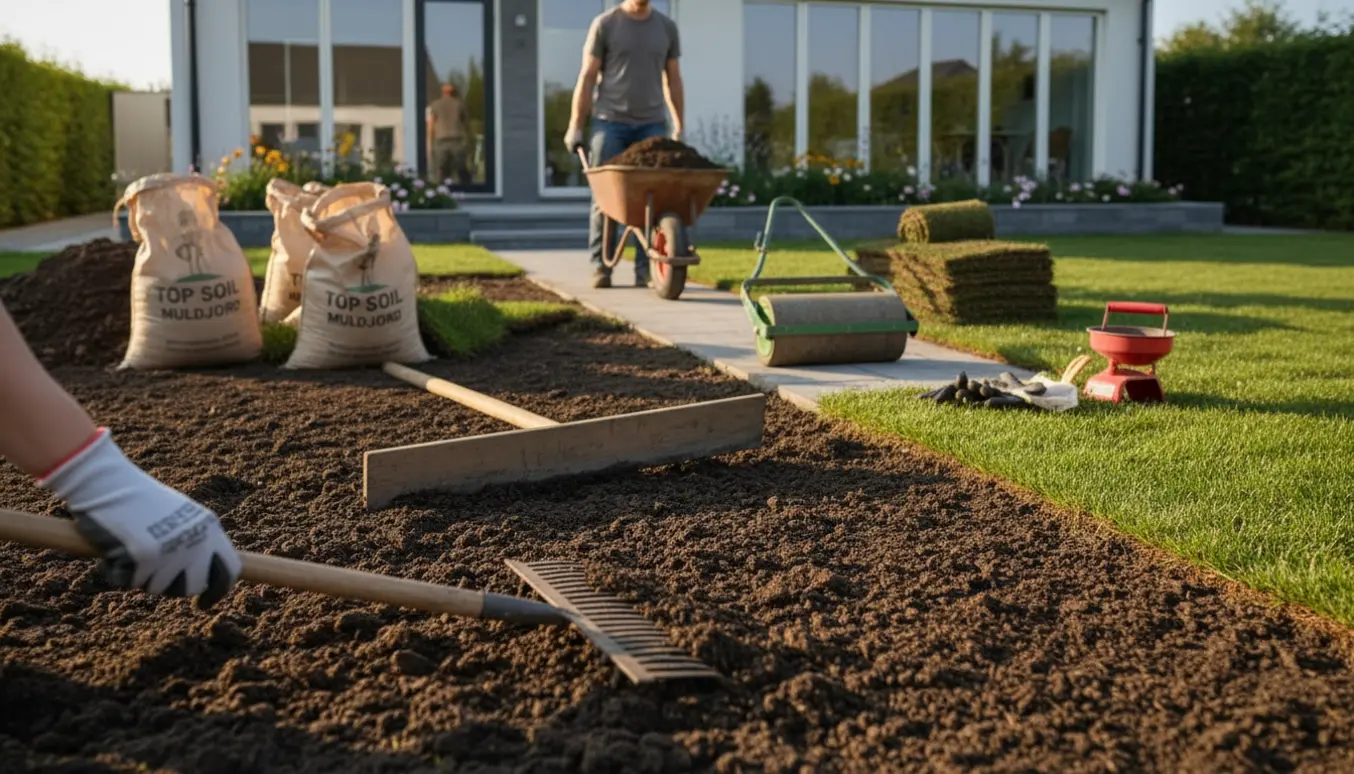 Stor baghave med frisk påført muldjord og havematerialer klar til etablering af nyt græs.