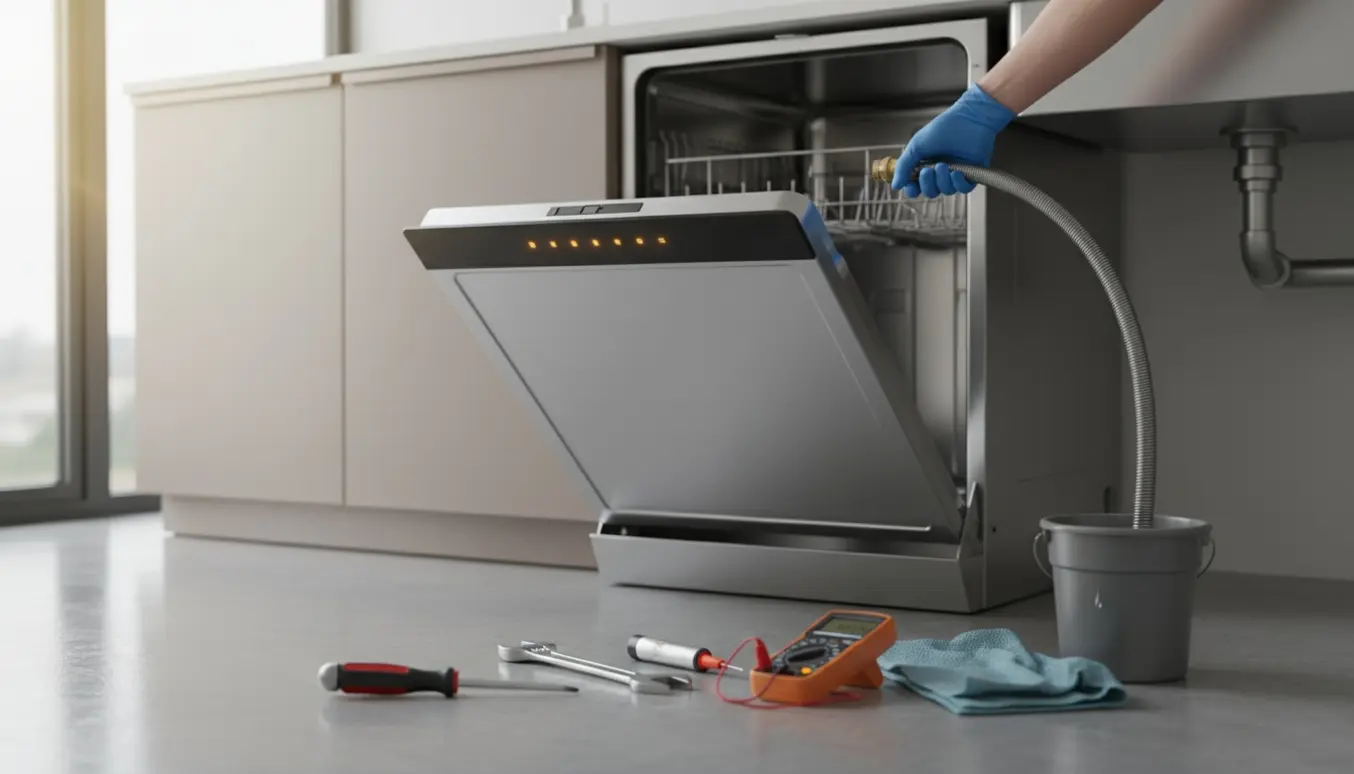 Halvstor opvaskemaskine med åben dør, handskeholder inspicerer den afmonterede vandtilslutning under vasken.