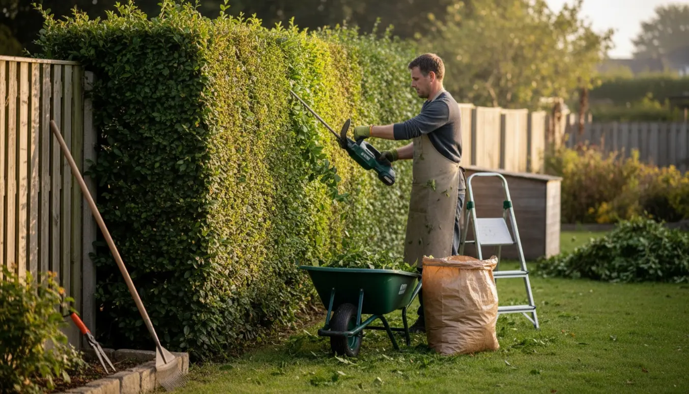En person trimmer hæk langs skel med hækkeklipper, og afklip samlet i trillebør og haveaffaldssæk.