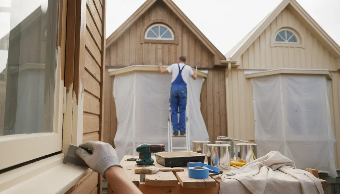 Udvendigt malerarbejde med hænder, der sliber og maler vinduesrammer og gavle på et hus.