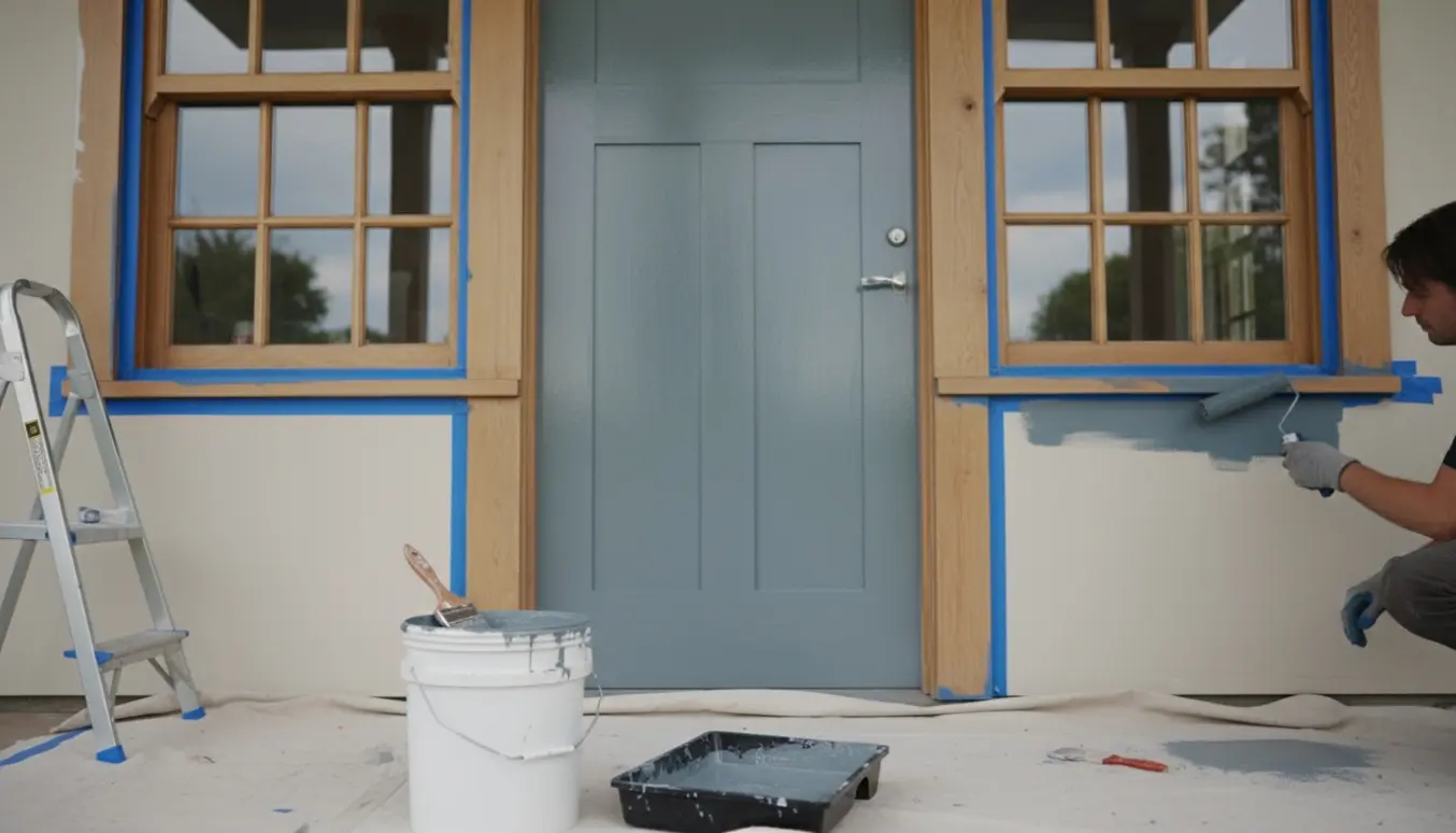 Dør og to vinduer udvendigt under maling med åben malerspand og malerulle.