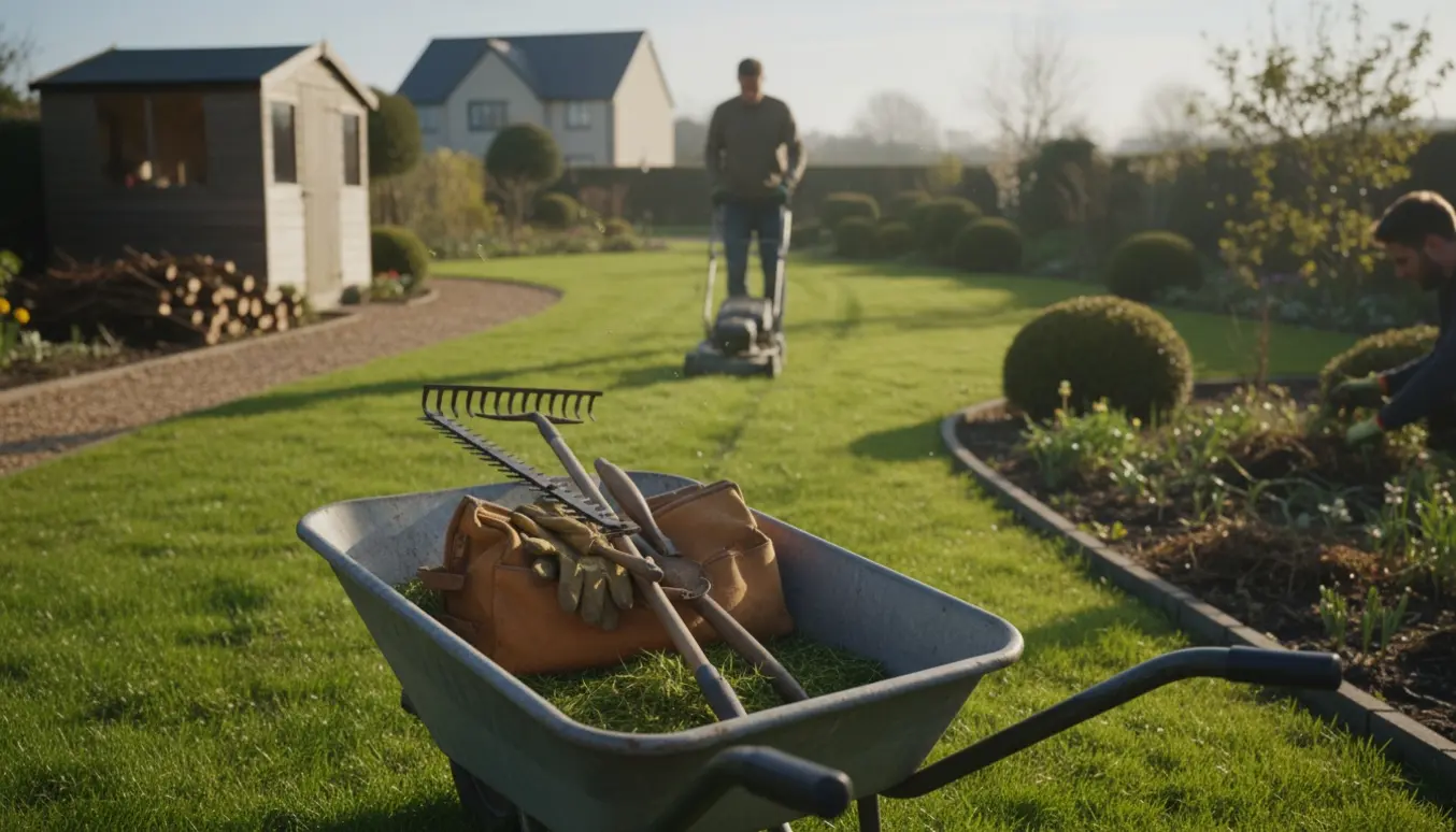 En lille have med haveredskaber i en trillebør, en person set bagfra der slår græs og fjerner ukrudt.