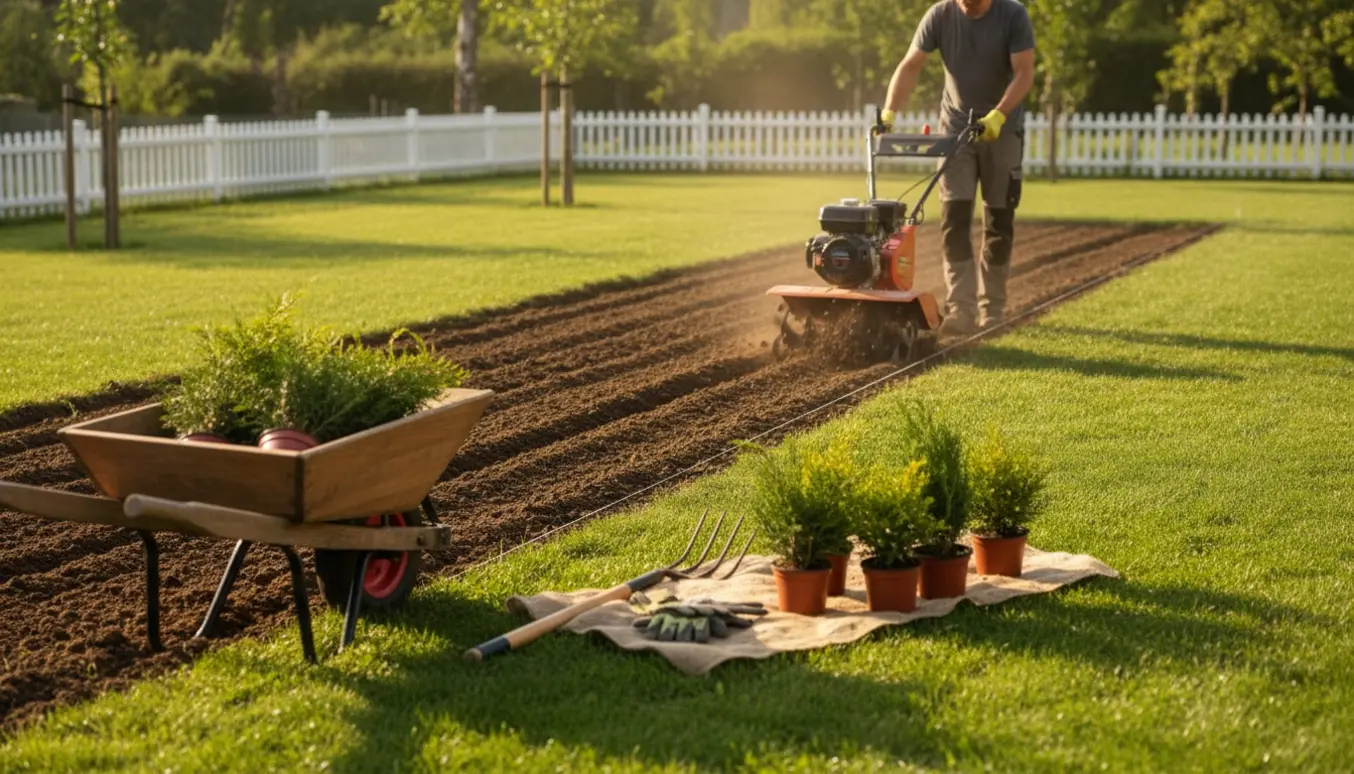 En fræser vender jord i et langt bed klar til plantning af hæk, med planter og haveredskaber ved siden af.