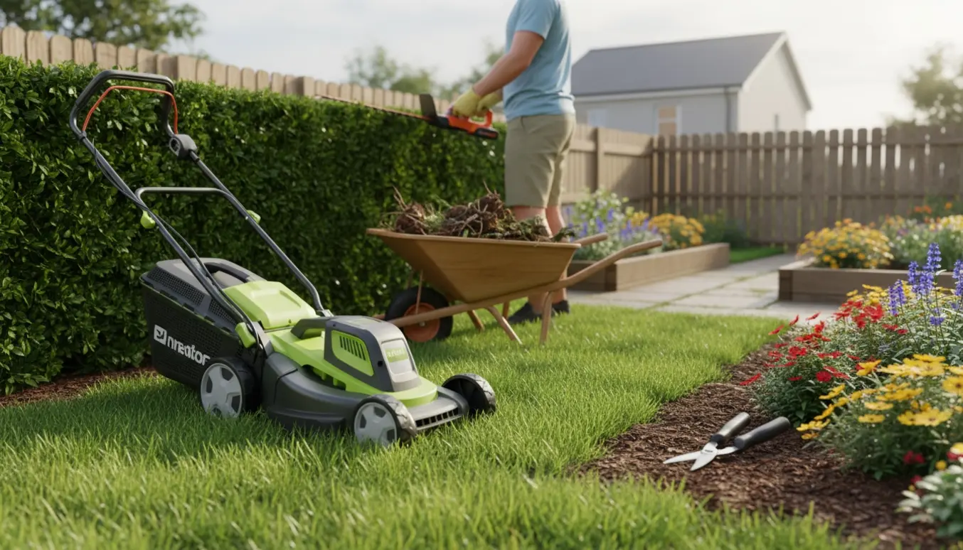 Lille have med nyslået græs, en person set bagfra klipper en høj hæk, og en bunke fjernet ukrudt ligger ved haveredskaber.