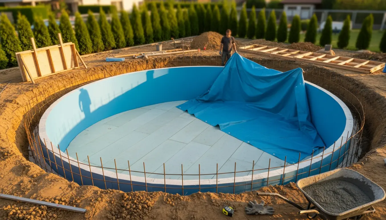 Byggeplads med ovalt poolhul, isoleringsplader i bunden, armering og pooldug klar til støbning, uden synlige ansigter.
