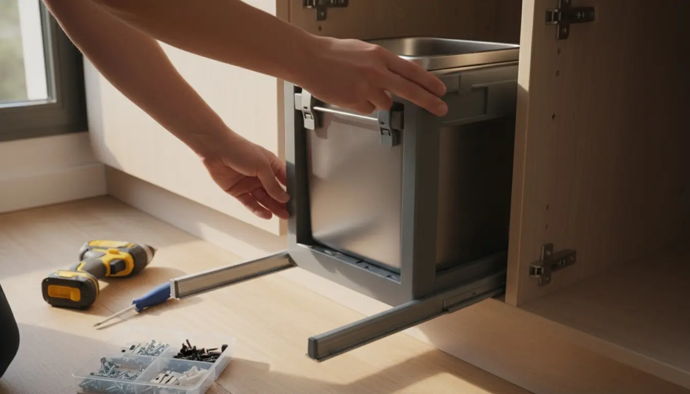 Hænder monterer et trækkbart skraldesystem med rustfri stålspand i et køkkenskab.