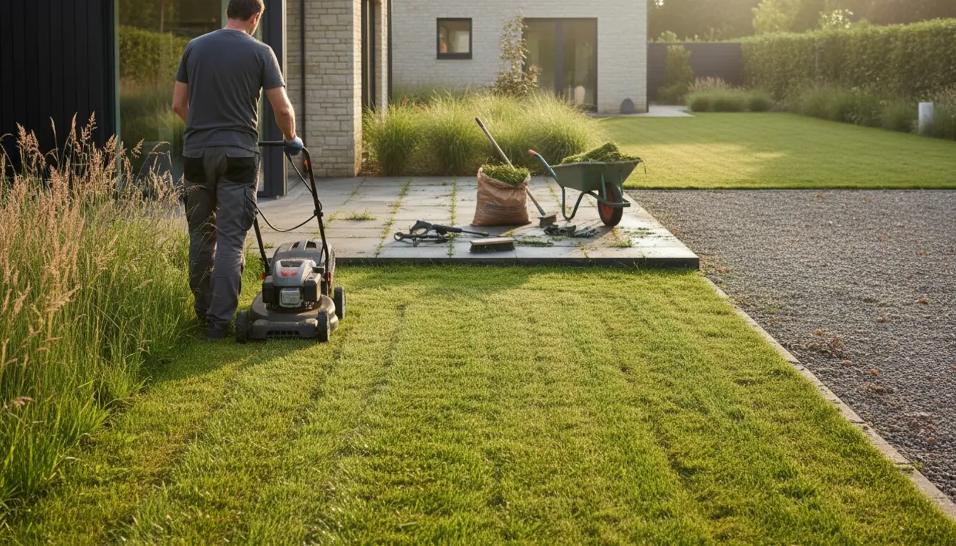 Stor have med langt græs, plæne under klipning og terrasse med ukrudt og haveredskaber.
