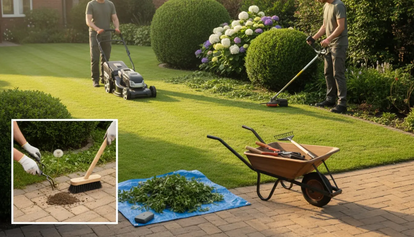 Havehjælp slår græs, trimmer bedkanter og fjerner ukrudt mellem fliser foran et velholdt hus.