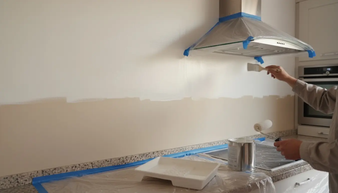 Halvmalet køkkenvæg med hvid maling og afdækning omkring emhætten.