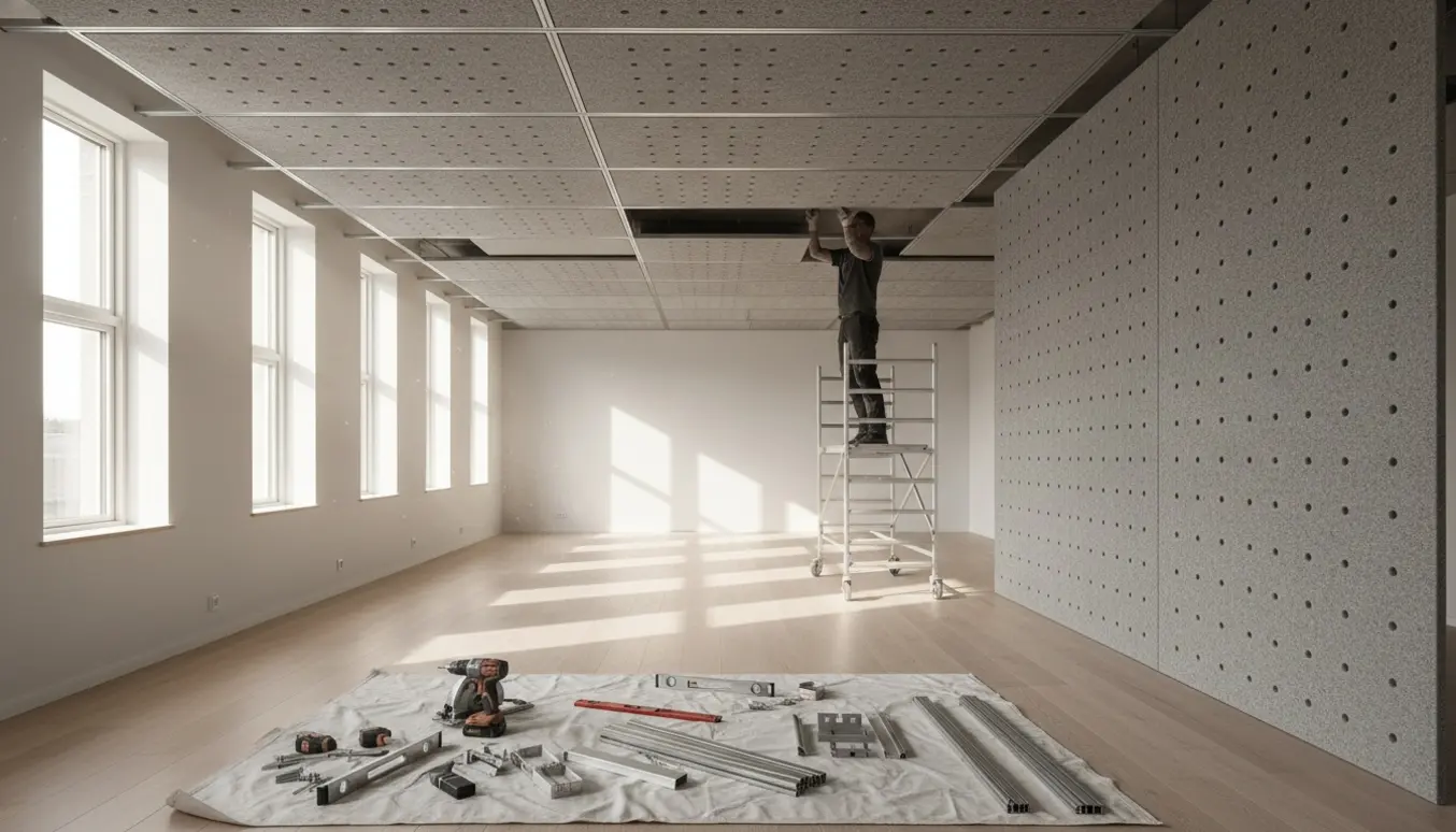 Installatør monterer Troldtekt akustikloft i et lyst, rummeligt rum med værktøj og stillads.