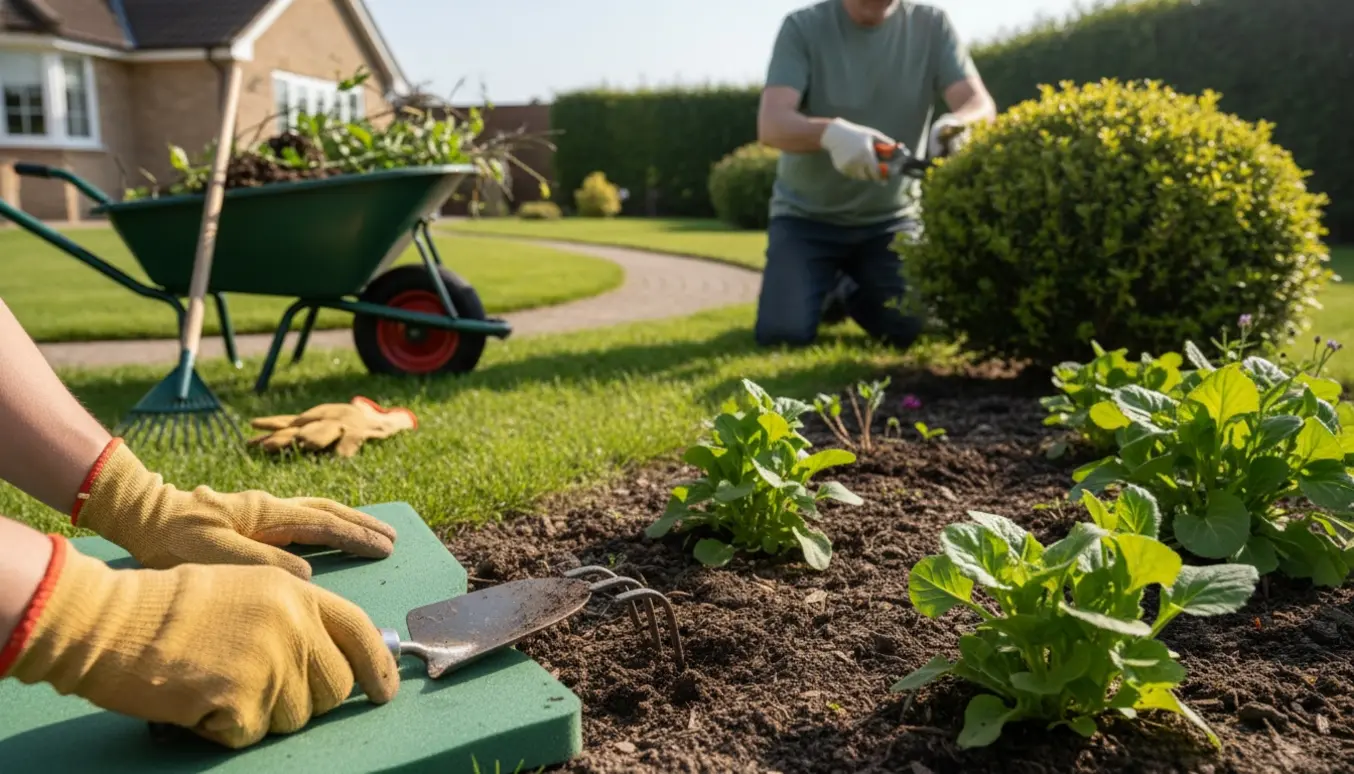 To personer i haven hvor den ene trækker ukrudt op på knæ og den anden klipper grene, ansigter er ude af fokus.